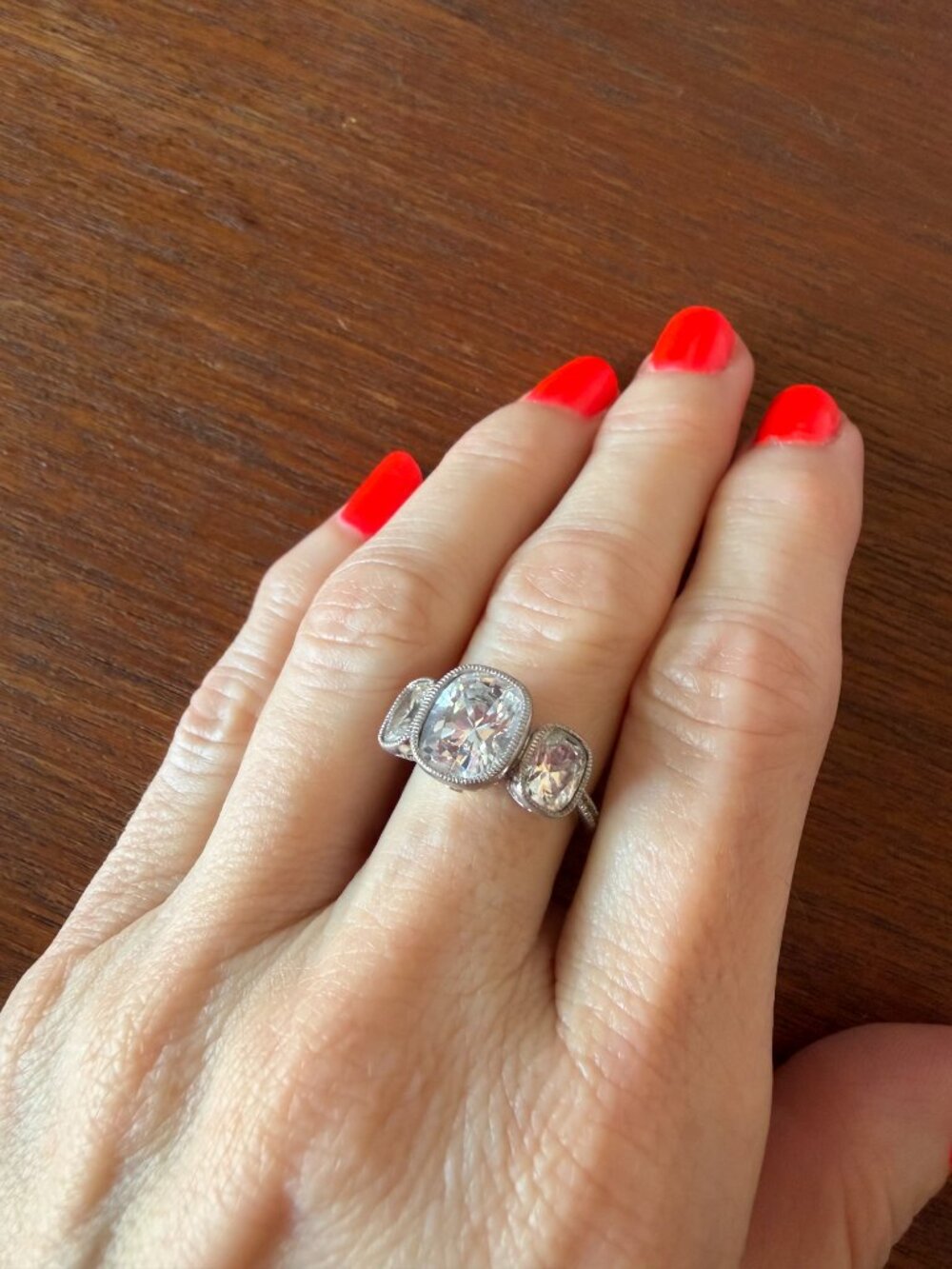 Vintage Jean Dousset Heirloom 925 CZ 3-Stone Mill-grain Cushion Cut Ring